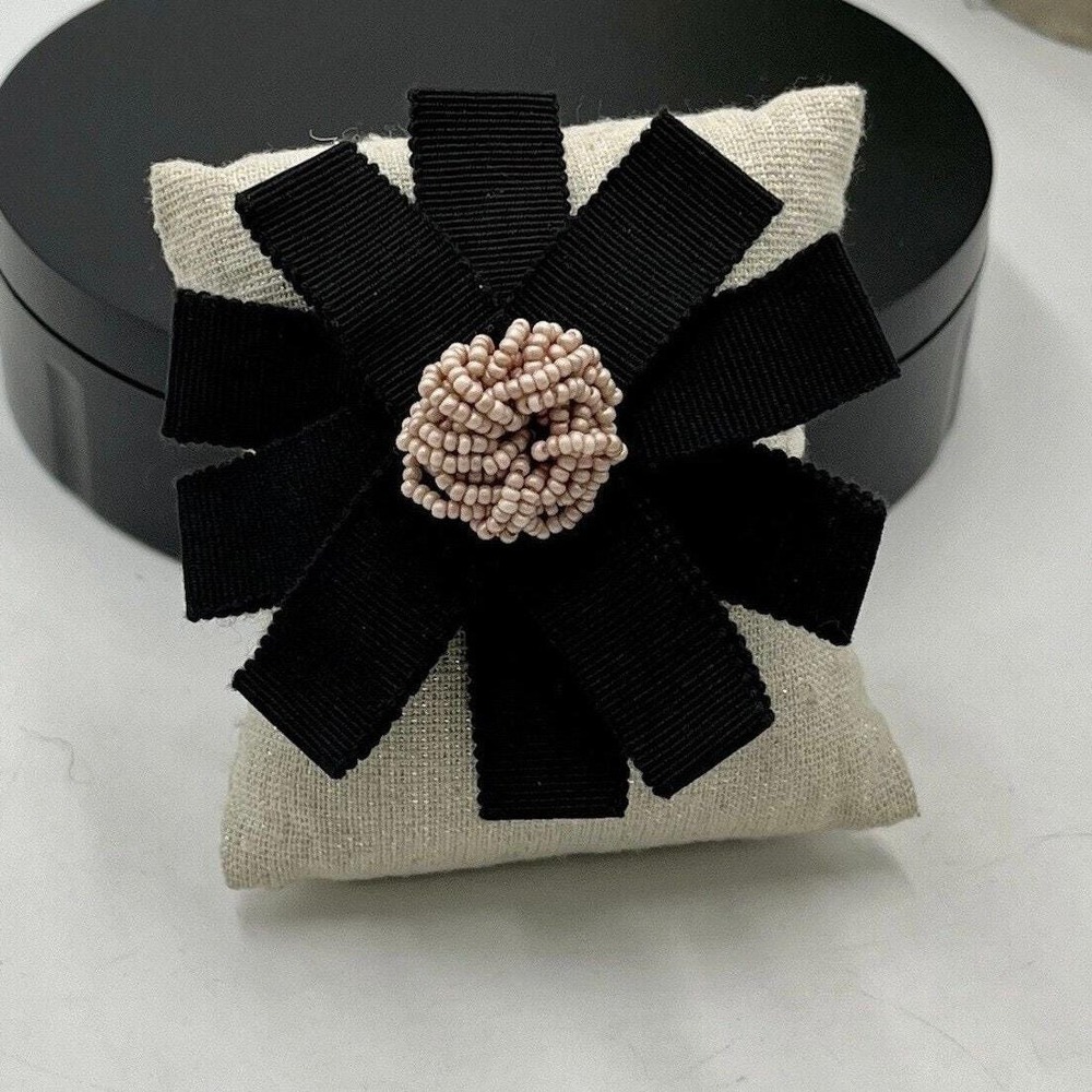 Chanel Authenticated COA Round Black‎ Ribbon Pink Seed Bead Accent Rare Brooch